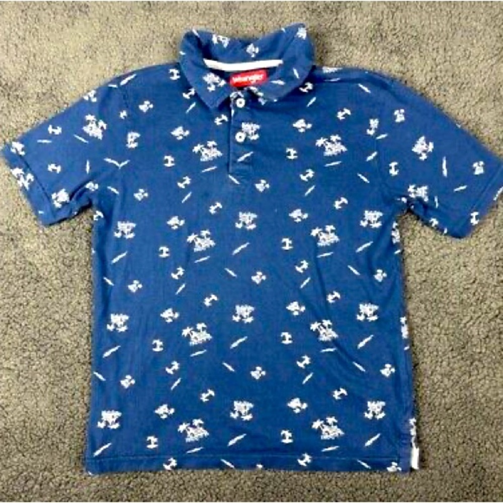 Wrangler Polo Shirt Boys Blue Tropical Palm Tree Collared Beach Cotton Large